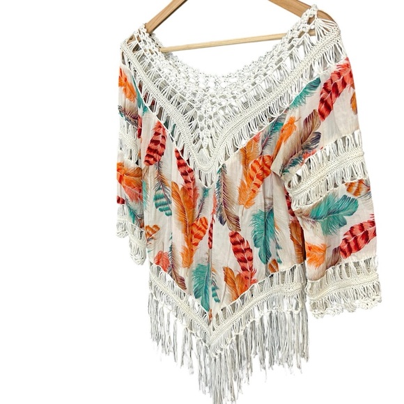 Feather Print Fringe Poncho M unfortunately no brand cotton blend EUC - Picture 1 of 14